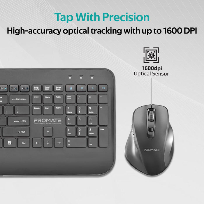 PROMATE Wireless Ergonomic Keyboard & Contoured Mouse. Sleek Tactical Full Size