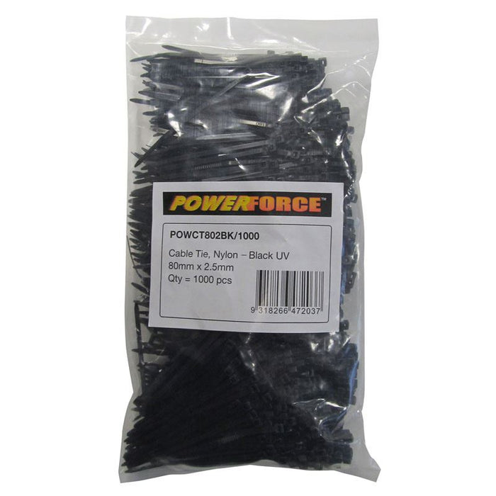 POWERFORCE Cable Tie Black UV 80mm x 2.5mm Weather Resistant Nylon. Pack of 1000