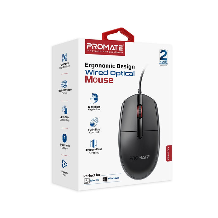 PROMATE 3-Button Wired Optical Mouse with 1200dpi. Eronomic Design with up to 6
