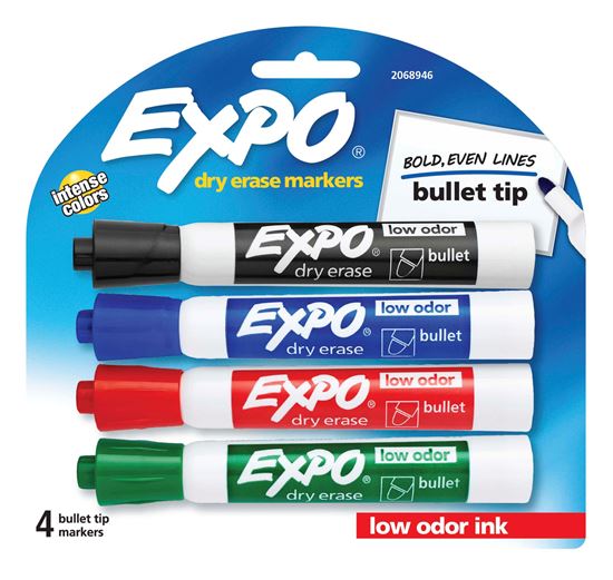 EXPO Dry Erase Markers Bullet Marker 4-Pack. 4x Assorted Colours. Includes Red,