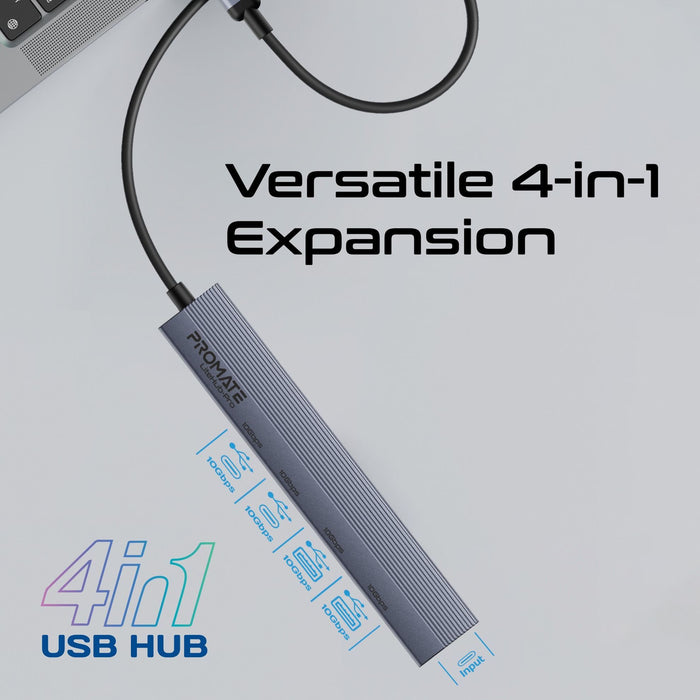 PROMATE 4-in-1 USB Multi-Port Ultra Compact Hub with USB-C Connector. Includes 2