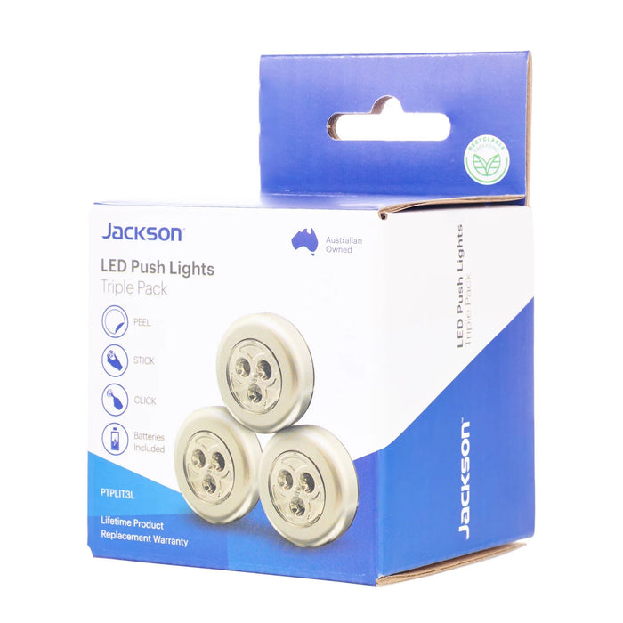 JACKSON Triple Pack LED Push Light. 3 x AAA Batteries per Light (Included). Incl