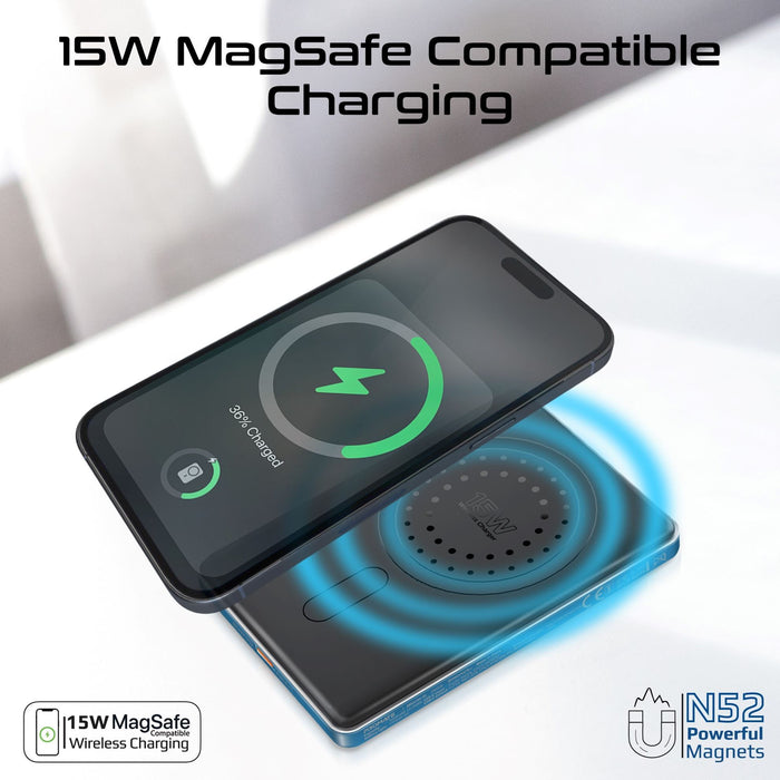 PROMATE 5000mAh Ultra-Slim Wireless Charging 15W MagSafe Power Bank. 20WPD USB-C