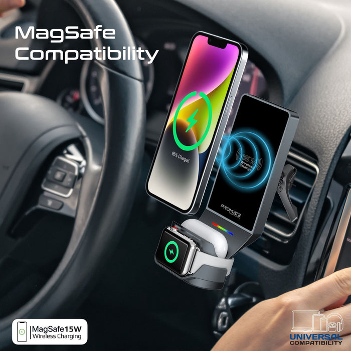 PROMATE 15W 3-in-1 MagSafe InCar Qi2 Phone Wireless Charging Station Mount. Incl