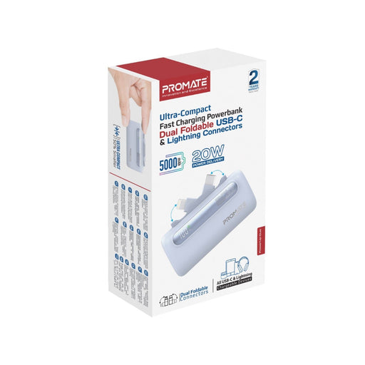 PROMATE 5000mAh Ultra-Compact Fast Charging Power Bank with In-Built Dual Foldin