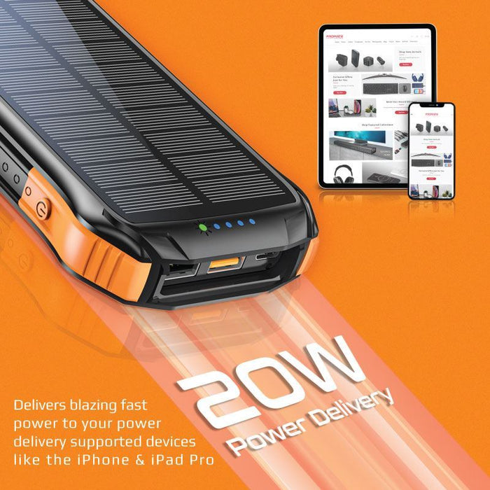PROMATE 10000mAh Rugged EcoLight Solar IP65 Power Bank with 10W Wireless Qi Char