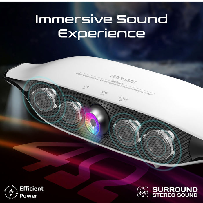 PROMATE 20W BassBoost Quad Speaker Wireless Bluetooth RGB Soundbar. 12 RGB Modes