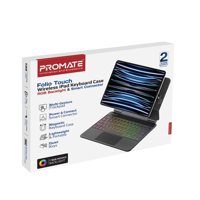 PROMATE Folio Touch Wireless iPad Keyboard Case with RGB Backlight & Smart Conne
