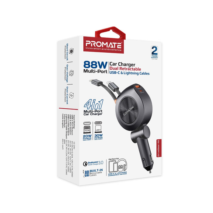 PROMATE 88W Multi-Port Incar Phone Charger with Dual Retractable USB-C & Lightni