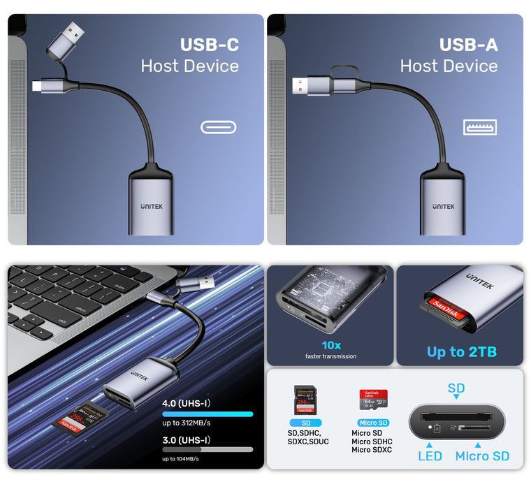 UNITEK 2-in-1 USB-C/A SD4.0 Card Reader. Simultaneously Reads/Writes SD/Micro SD