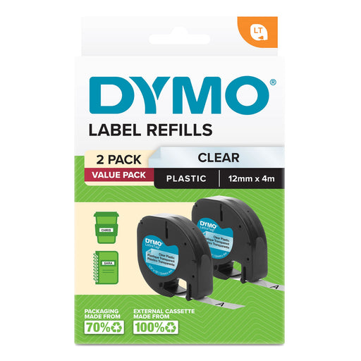 Dymo LetraTag Plastic Tape 12mm x 4M Clear 2-Pack