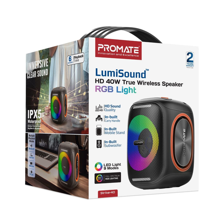 PROMATE 40W Portable BT Speaker with Dynamic RBG Lights. Up to 6 Hours Playback;