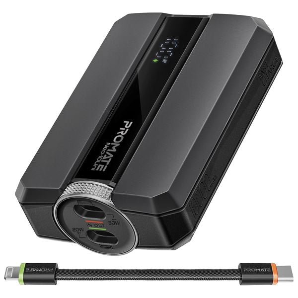 PROMATE 10000mAh 30W PD Ultra-Fast Power Bank with USB-C & Lightning Ports. Smar