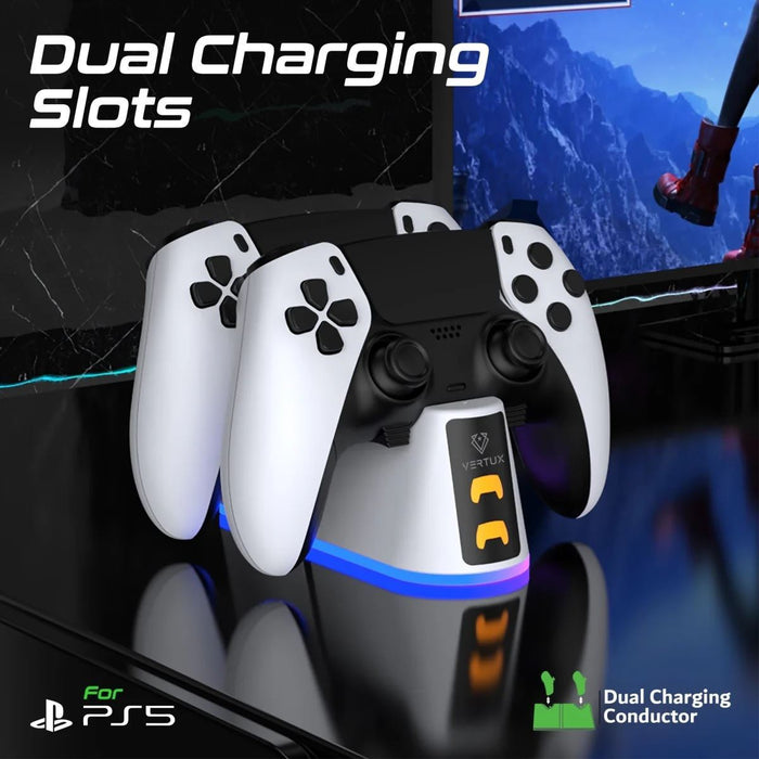 VERTUX 2-in-1 Charging Dock for PS5 DualSense Controller with RGB Lights. Chargi