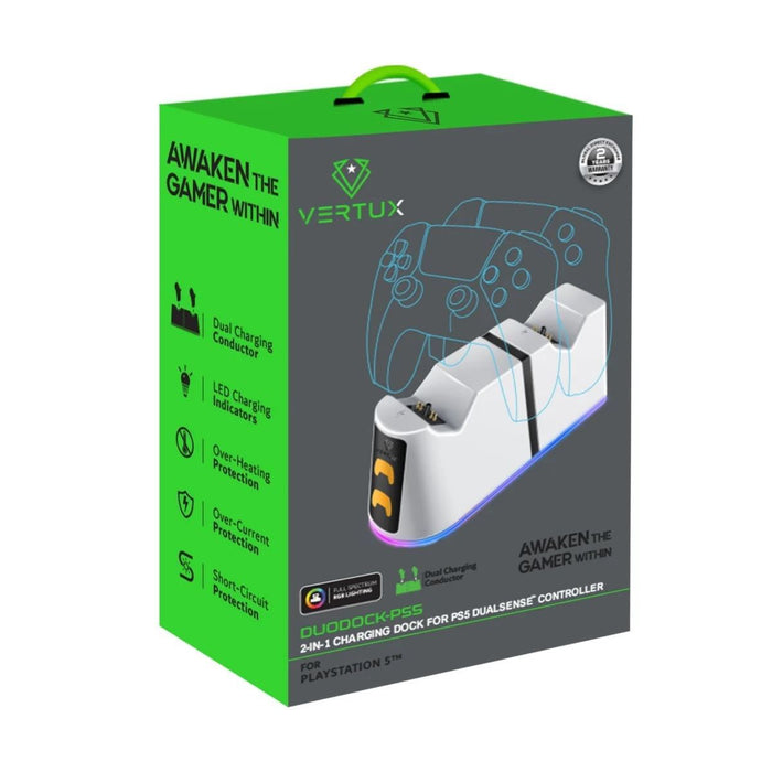 VERTUX 2-in-1 Charging Dock for PS5 DualSense Controller with RGB Lights. Chargi