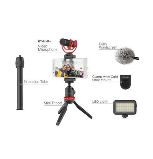 BOYA Vlogging Kit 2 Include Mini tripod, BY-MM1+ mic, LED light, Cold shoe mount