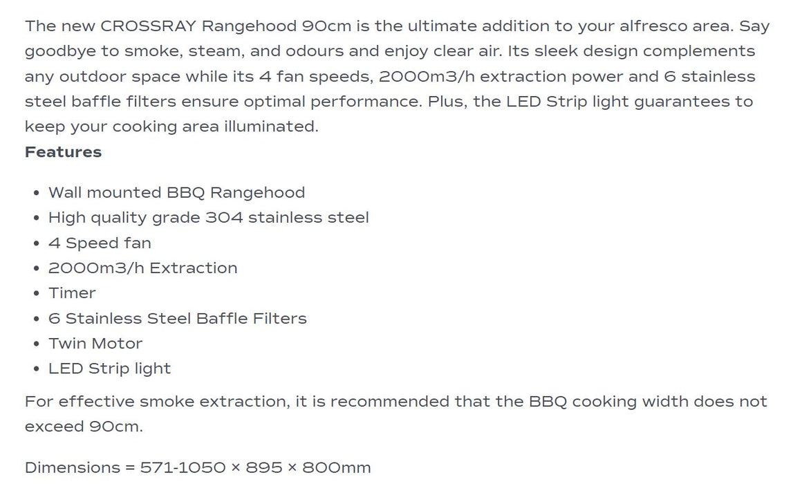 Crossray BBQ Rangehood 90cm 304 Stainless Steel