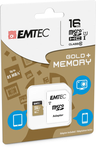 Emtec MicroSD Memory Card 16GB Class 10 With SD Adapter Gold