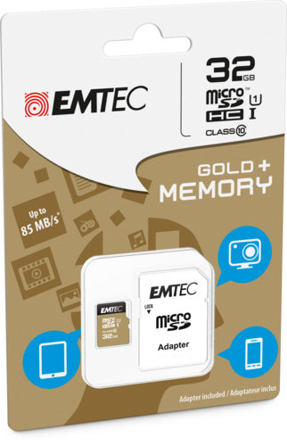 Emtec MicroSD Memory Card 32GB Class 10 With SD Adapter Gold