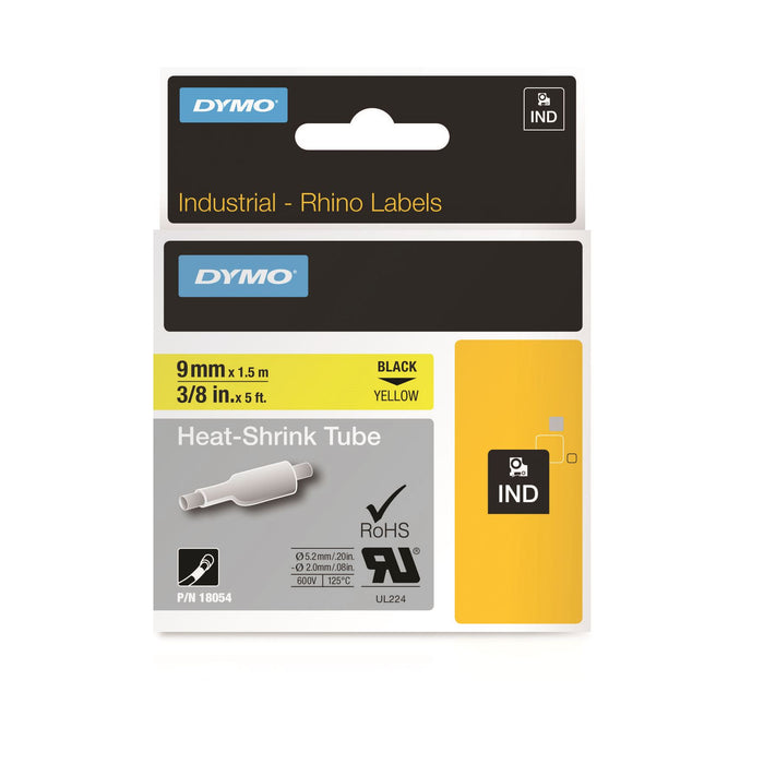 DYMO Genuine Rhino Industrial Labels- Heat Shrink Tube 9mm Black on Yellow.Made