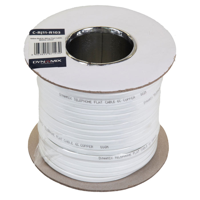 DYNAMIX 100m Roll 6-Wire Flat Cable, 28 AWG White colour LX2001