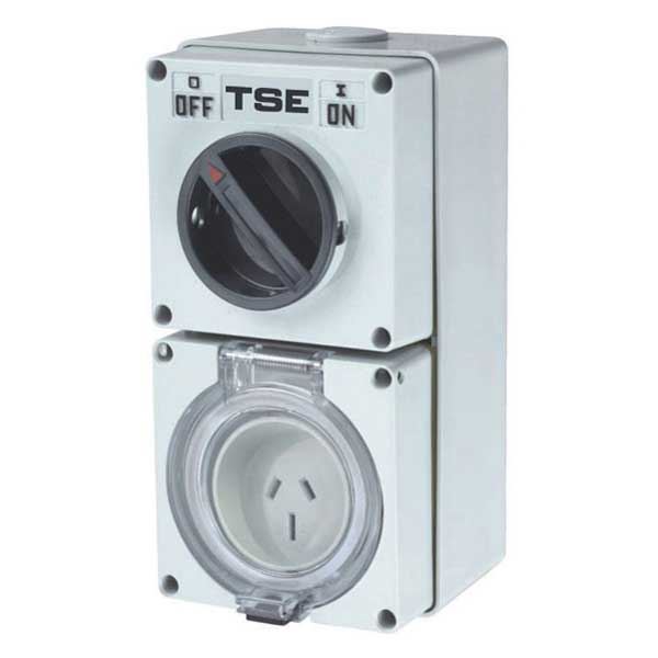 TRADESAVE Switched Outlet 3 Pin 15A Flat, IP66, Stainless Steel cover fastening.