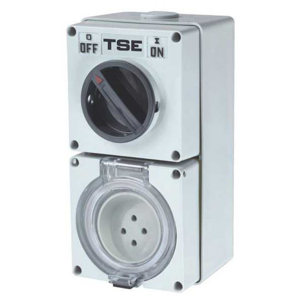 TRADESAVE Switched Outlet 4 Pin 20A Round, IP66 Stainless Steel cover fastening.