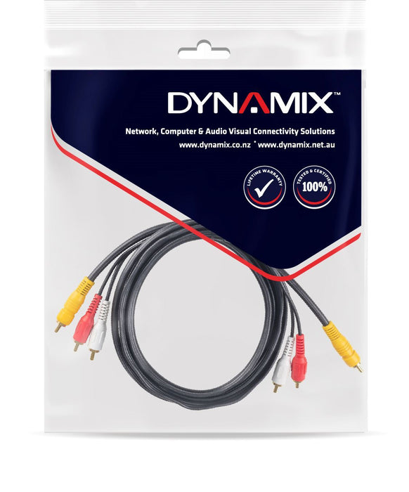 DYNAMIX 20m RCA Audio Video Cable, 5 to 3 RCA Plugs. Yellow RG59 Video, standard