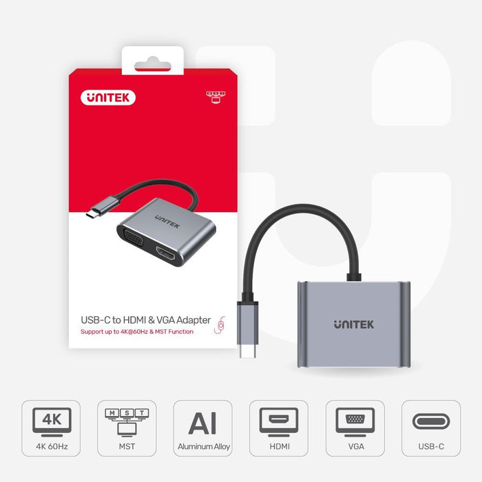 UNITEK USB-C to HDMI 2.0 & VGA Adapter with MST Dual Monitor Support. 4K@60Hz UH