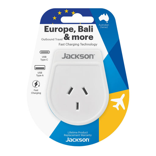 JACKSON Slim Outbound Travel Adaptor 1x USB-A and 1x USB-C (2.1A) Charging Ports