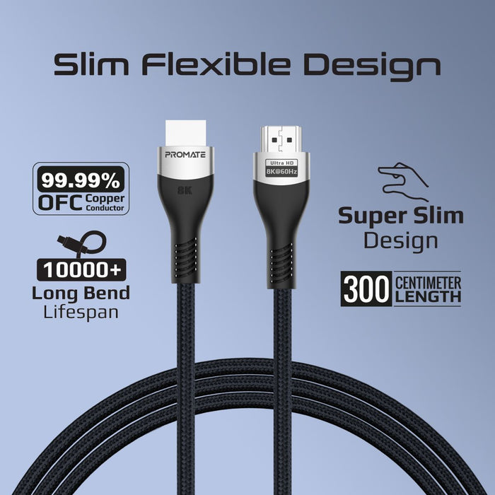 PROMATE 3M HDMI 2.1 Ultra HD Super Slim Audio Video Cable. Supports up to 8K@60H