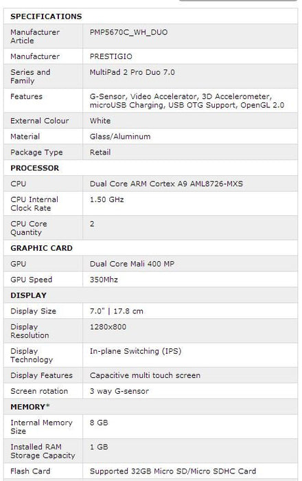 Prestigio Multipad 2 Pro Duo 7" 7.0 1.5GHZ IPS 4.1