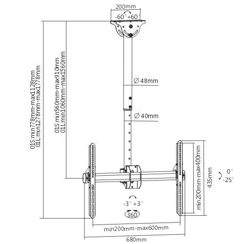 BRATECK 37''-70'' Ceiling Mount Bracket. Max Load: 50Kgs. VESA support up to: 60