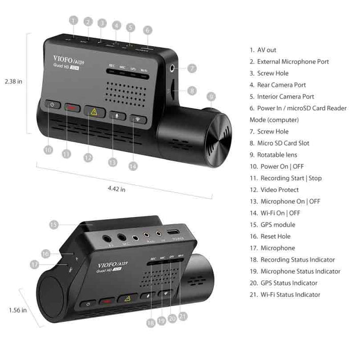 Viofo Dashcam A139-2Ch Front 2K 1440 + 1080P Rear