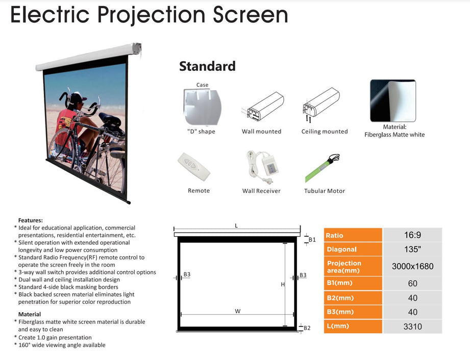 Brateck Lumi PSAA135 Standard Electric Projection Screen-135" 16:9 Aspect Ratio PSAA135